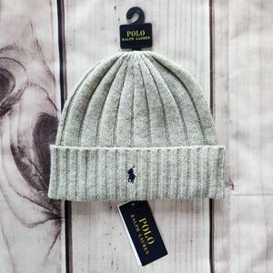 NWT Polo Ralph Lauren Beanie Wool Blend Rib Knit Cuff Pony Logo Grey Unisex